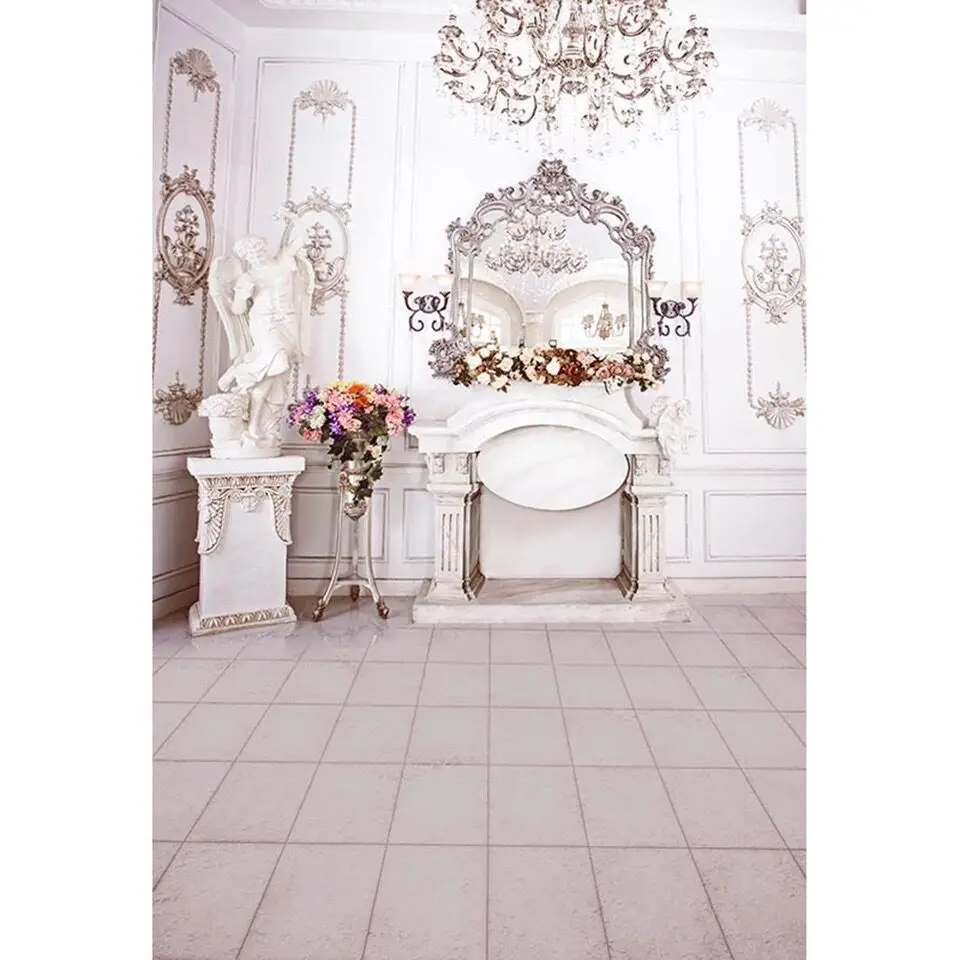 Luxury Wedding Background for Photo Studio Printed Statue Dressing Mirror Chandelier White Wall Indoor Photography Backdrops