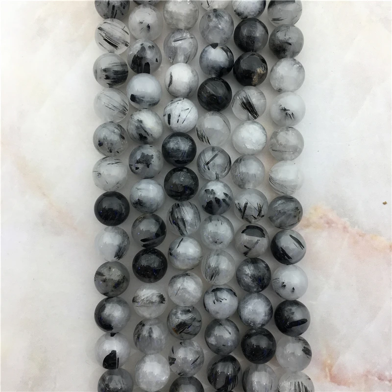 Genuine Natural Black Rutilated Quartz Loose Bead 6 8 10MM Round Smooth Hair Divergent Crystal Stone Charm Bead For DIY Jewelry