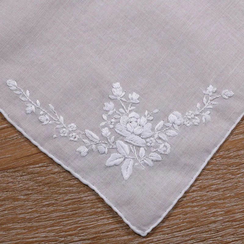 S005-W : 1 piece Delicate 100% cotton Handmade Embroidered/ hand embroidery white rose handkerchief