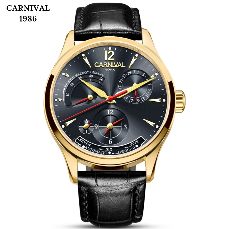 CARNIVAL Second time zone kinetic energy display Watch Men Sapphire Automatic Mechanical Watches Man Watch Leather Waterproof