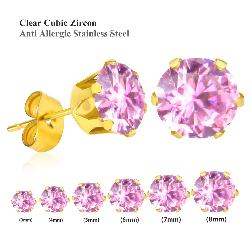LUXUSTEEL 3-8mm 6Pairs Stainless Steel Clear Cubic Zirconia Stud Earrings Women Men Stone CZ Crystal Earring Sets Jewelry Gift