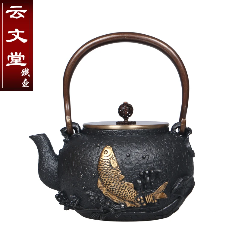 1.2L  2Styles Golden Reliefs Uncoated Cast Iron Teapot Kung Fu Tea Set Boil Kettle Special Decoration