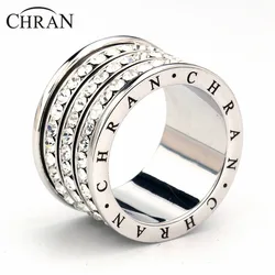 Chran Fashion 3 Pave Full Crystal Big Wedding Rings for Women Romantic Cubic Zirconia Ring Bague Femme Gold-Color Ring Female