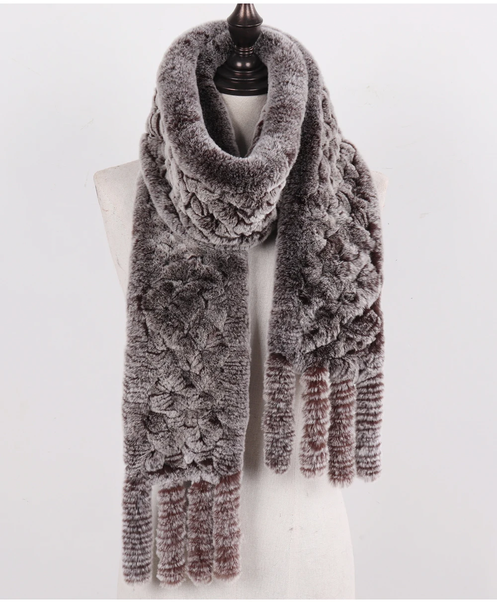 Neue Damen-Schals aus 100% natürlichem Rex-Kaninchenfell, langer Stil, gestrickte Rex-Kaninchenfell-Quastenschals, warme Echtfell-Schals für den Winter. – Detail 20