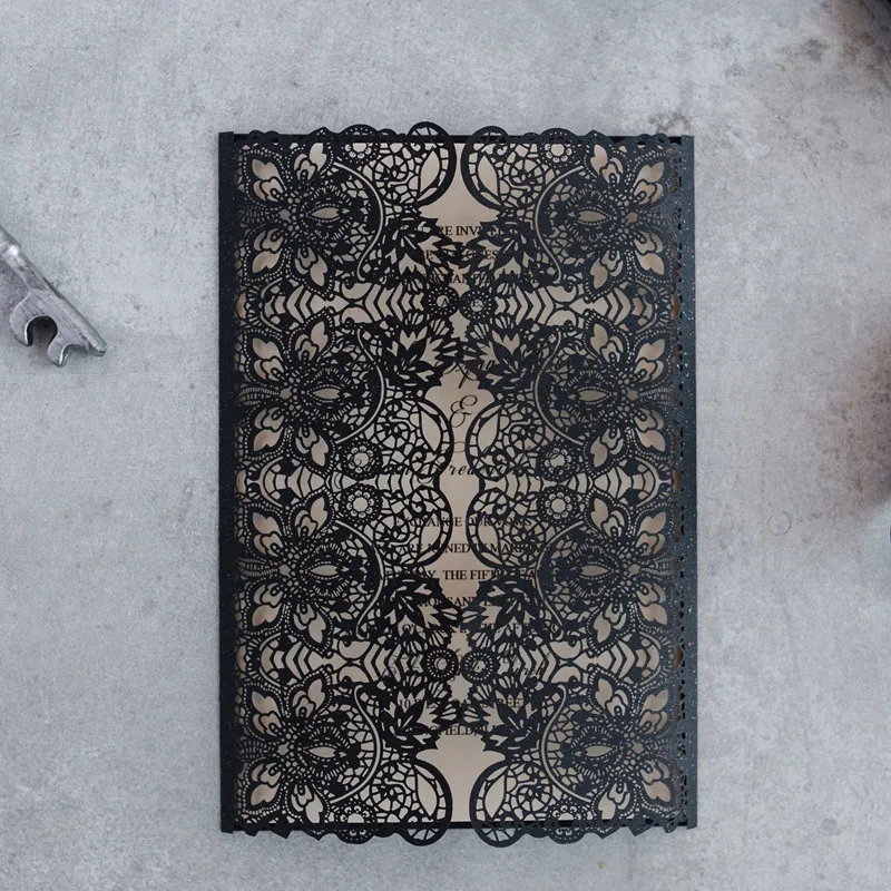 

Lace Delight - Black Laser Cut Wrap With Lace Details And Pale Gold Shimmer Classic Invitation