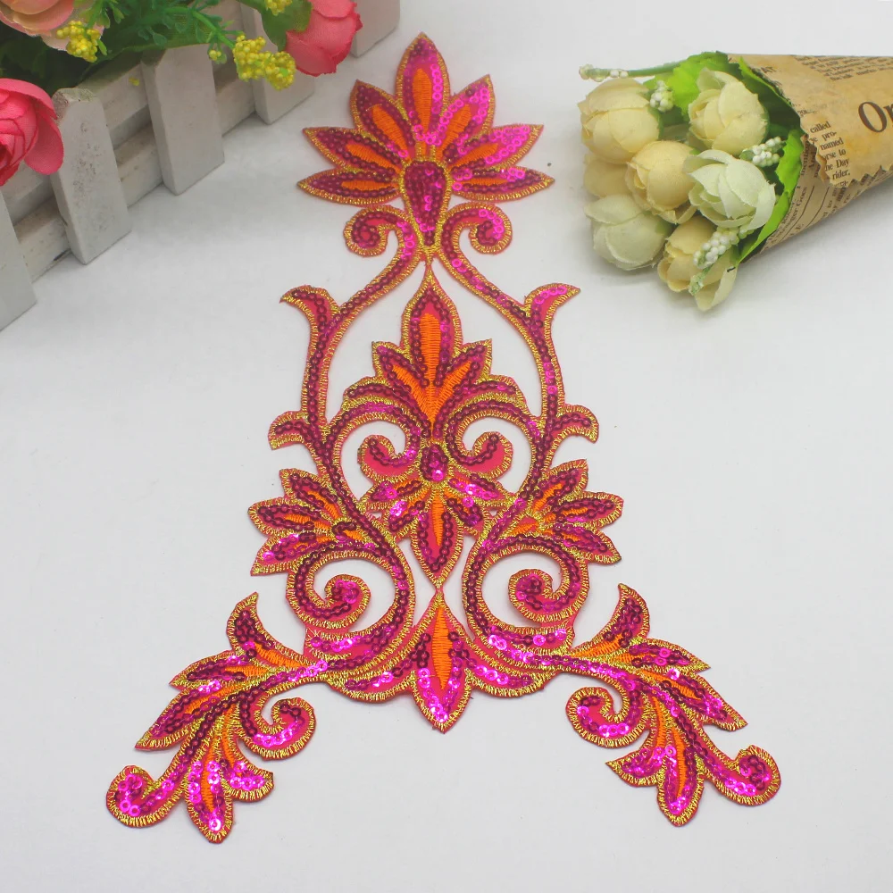 Iron On Patches Sequined Embroidered Lace Appliques King Of Flower Trims 25*40cm