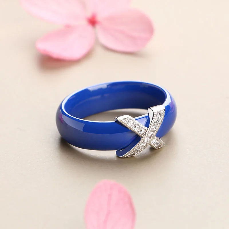 Hot X Cross Rings Blue Pink Ceramic Healthy Jewelry for Women 6mm Smooth Ceramic Rings Female Gift Wedding Jewelry Gold Silver