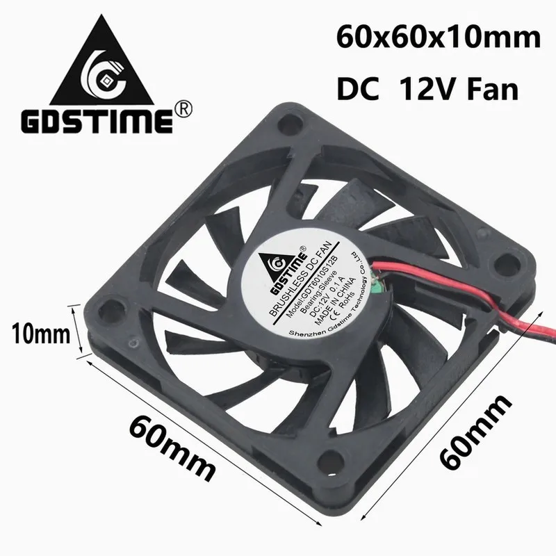 

Gdstime 10 Pieces 2Pin DC 12V 60mm 60x60x10mm Brushless Cooling Fan 6cm 6010 PC CPU Cooler