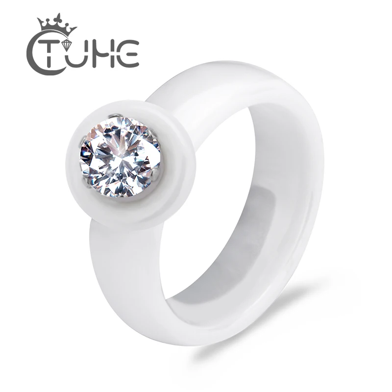 2017 New Brand Design Elegant Luxury Big Crystal Ring Jewelry Silver Plated Black White Ceramic Ring Wedding Bride Accessories