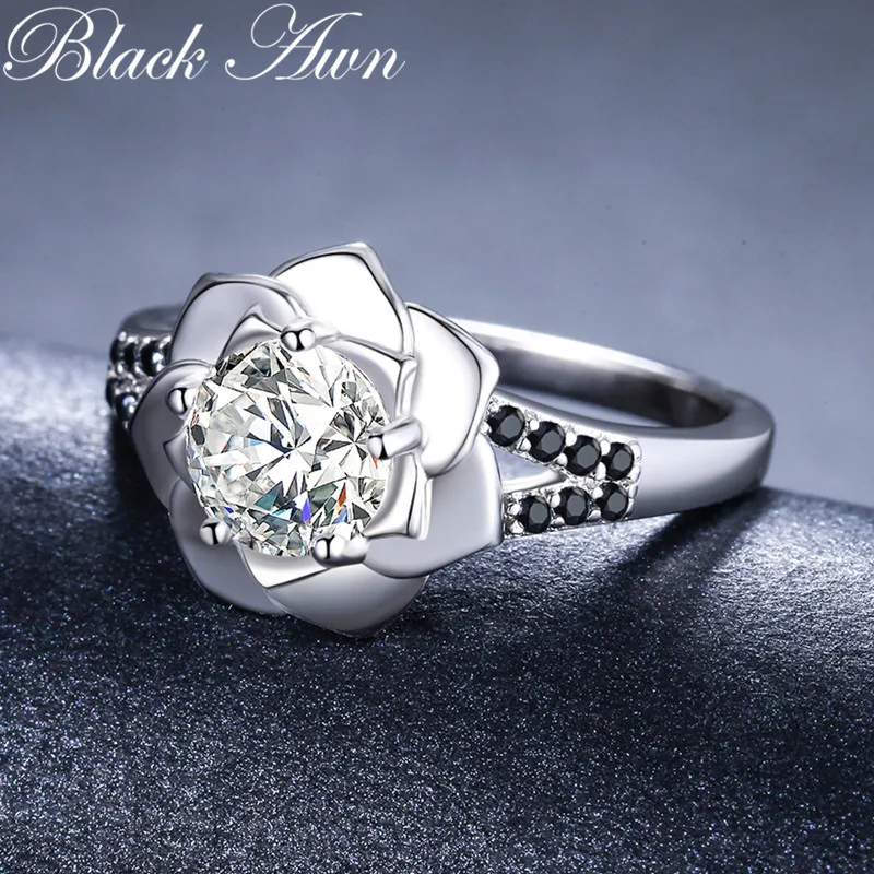 Flower 2024 New Romantic Silver Color fashion jewelry Engagement Black Spinel Engagement  Ring for Women Anillos Mujer G073