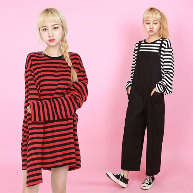 Women Men Fashion Brand Korea Style Vintage Black Red Stripe Ulzzang Harajuku O-neck Long Sleeve T-shirts Female Casual Tshirts