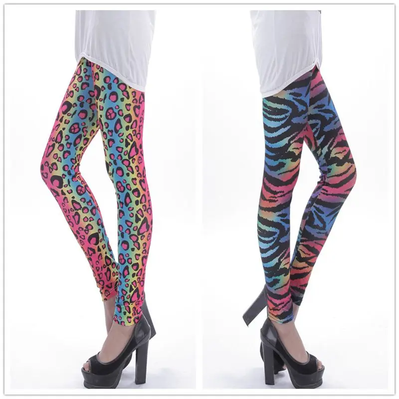 Nightclub Fluorescent Rainbow Gradient Color Leopard Milk Silk Print Leggings Seamless Women's Milk Silk Elasticity Fitness Penc