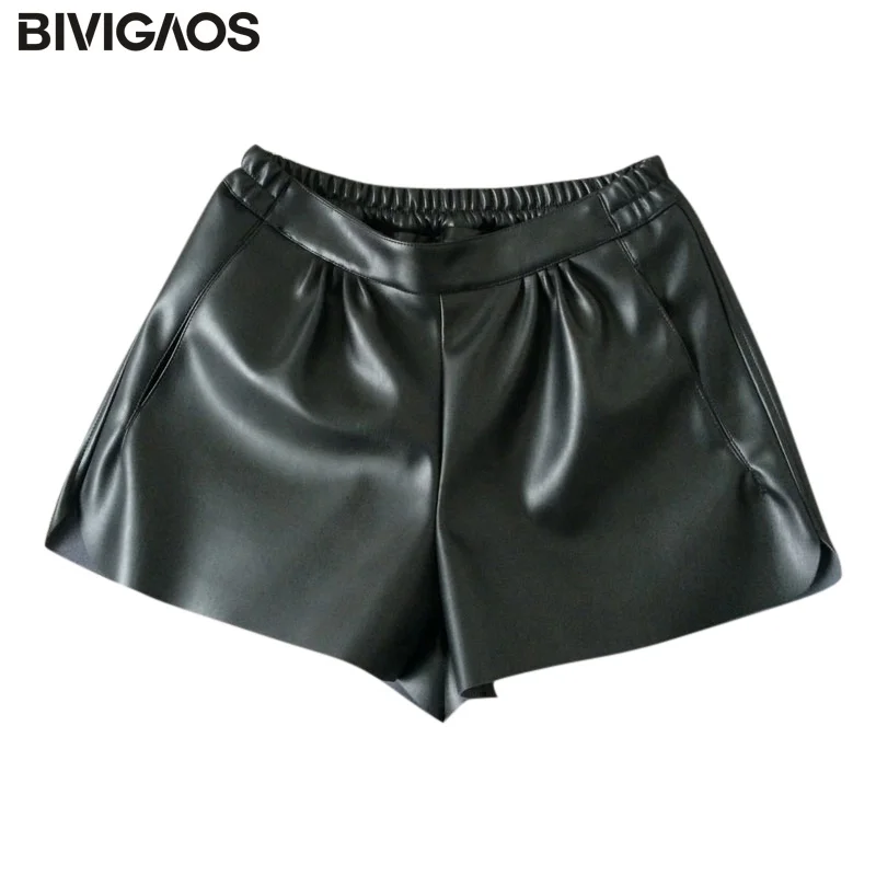 BIVIGAOS Fashion Fall Winter Black Leather Short Pants PU Leather Elastic Waist Shorts Female Loose Casual Shorts For Women