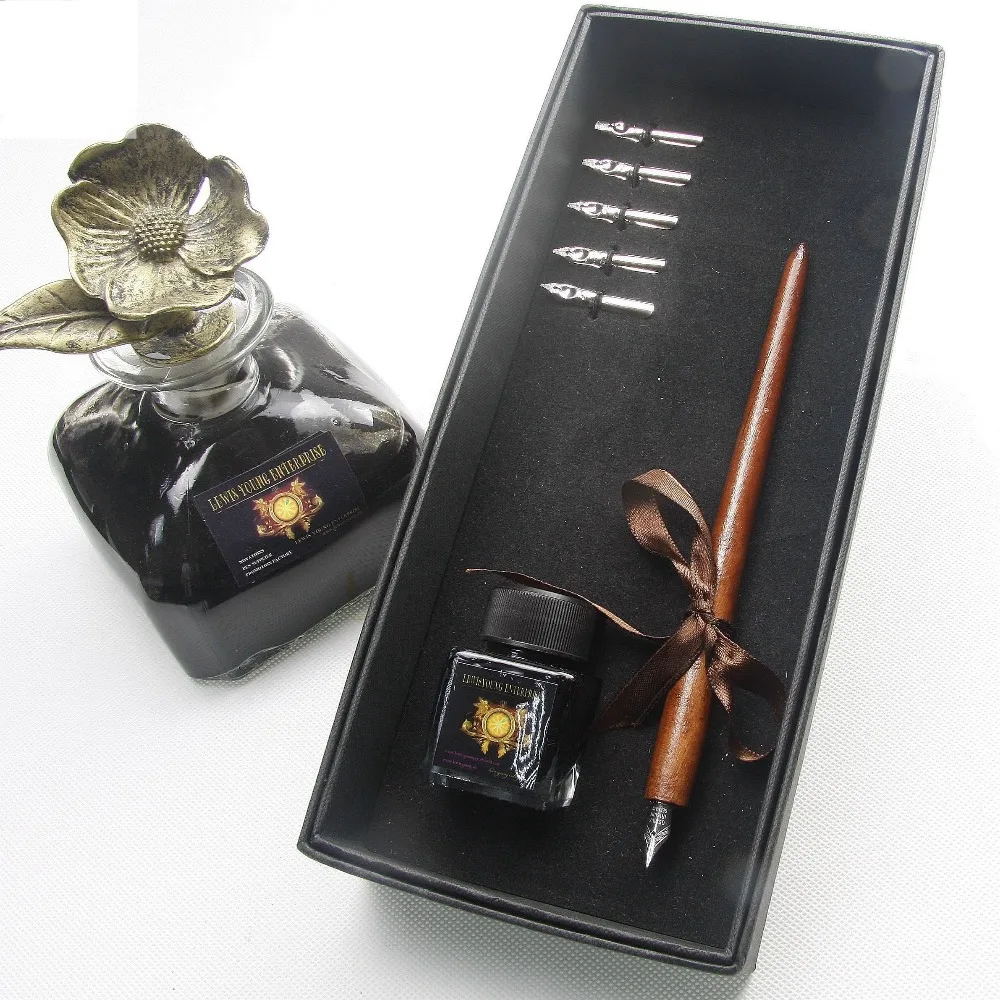 

Creative Birthday Gift Wooden Dip Pen with Multi-nib Ink Set English Gothic Writing Set