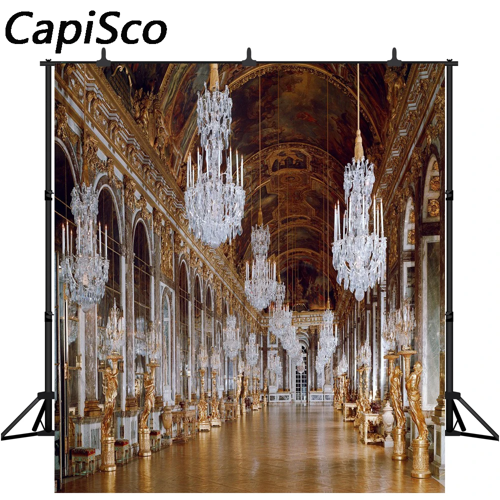 Capisco Luxury Palace Photography Backdrop Chandeliers with Candles Interior Church Wedding Photo Shoot Background for Studio