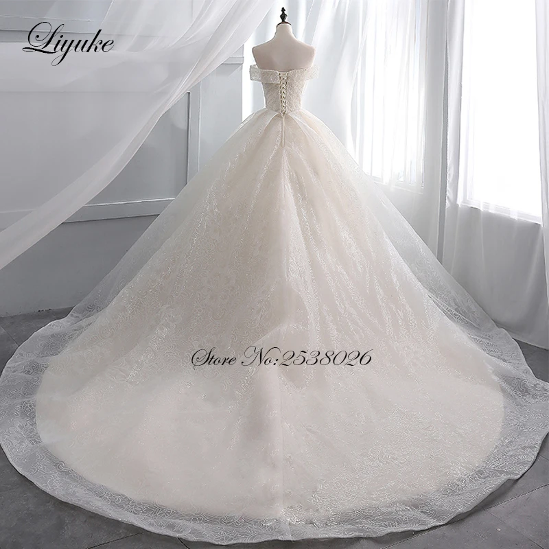 Liyuke luz do vintage champanhe vestido de baile vestido de casamento lantejoulas organza capela trem rendas até vestido de noiva boda 2019