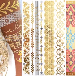 Temporary Tattoos, Waterproof Non-Toxic 175+ Designs, 1 Large Sheets Metallic Henna Tattoos in Gold & Silver, Gold