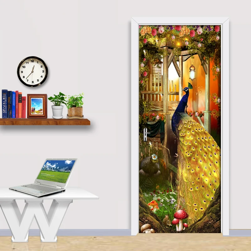 2Pcs/Set 3D Creative Sticker Peacock Door Wall Sticker DIY Mural Bedroom Home Decor Poster PVC Waterproof Door Sticker Imitation