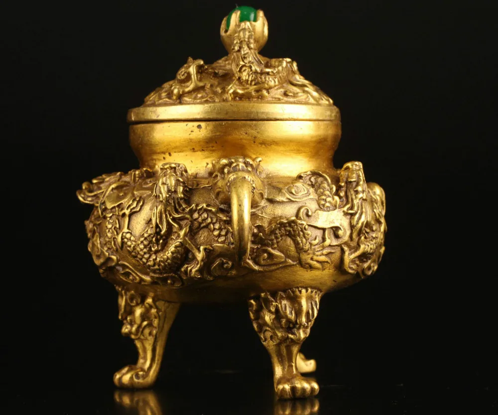 Chinese Brass Dragon incense burner with jade pearls bead lid xuan de mark