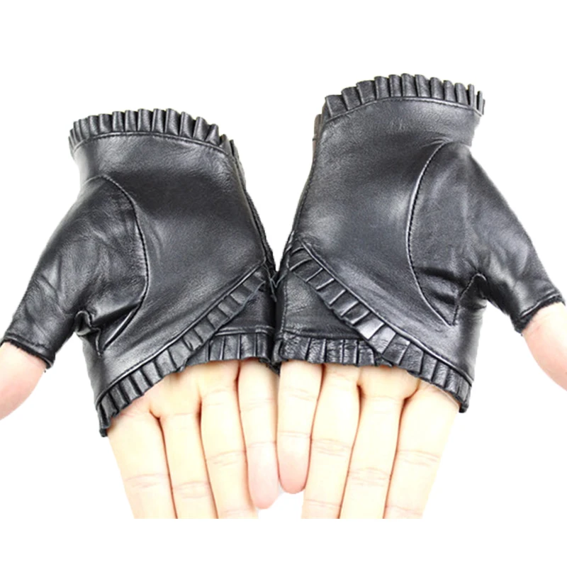 female Fingerless leather gloves wrinkled lace style semi pointed sheepskin gloves sports ride driving