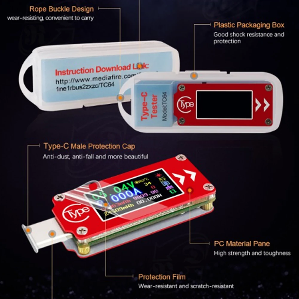 RD TC64 Type-C مقياس متعدد صغير ملون 0.96 بوصة شاشة الكريستال السائل USB الفولتميتر مقياس التيار الكهربائي