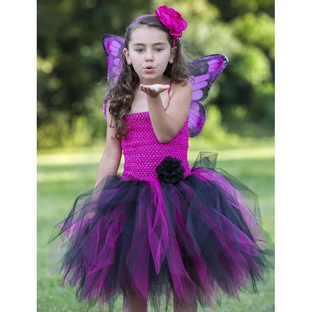 

Black and Hot Pink Fairy Princess Cosplay Girl Tutu Dress for Halloween Party Butterfly Inspired Costume Kids Baby Tutu Dress