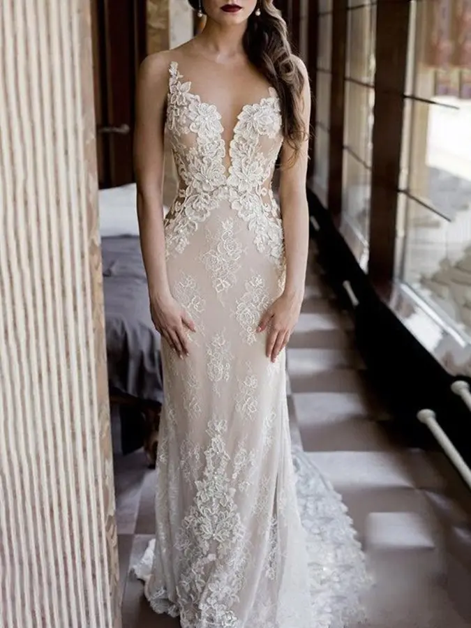 

2025 New Wedding Dresses For Women High-end Illusion Neck Beading Lace Sheath With Pearls Lace Bride Gowns Robe de Mariage