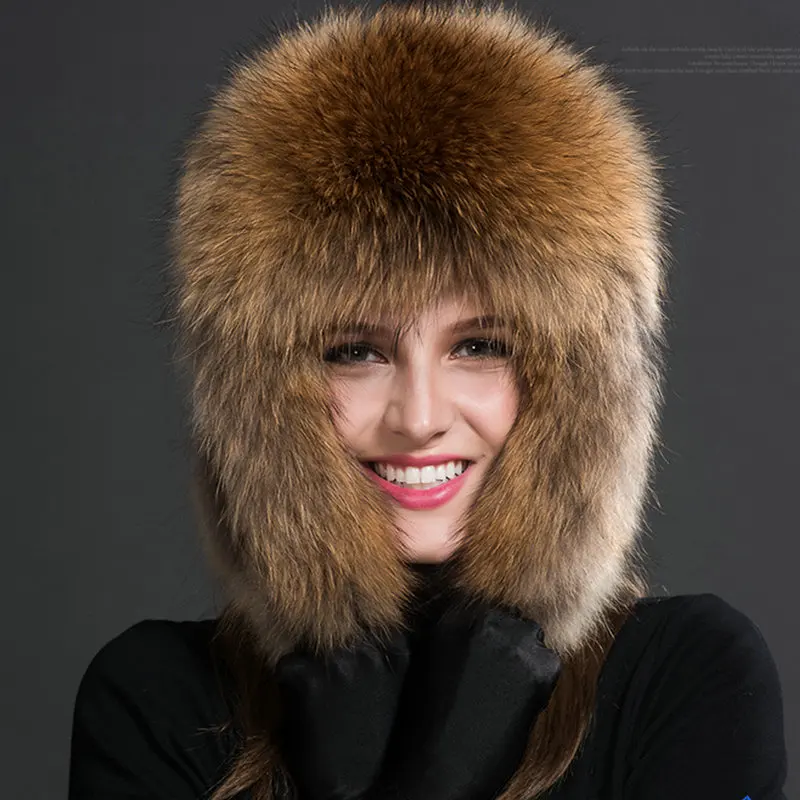 Luxe Siberische Stijl Bontmuts Russische Wasbeer Volledige Ushanka Hoed Voor Vrouwen Nieuwe Natuurlijke Kleur Bontmuts