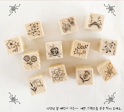 12Pcs Flowers Floral Wood Stamps DIY Wooden Rubber Stamp Rose Flower Letters Diary Craft Card Stamps Set for Scrapbooking