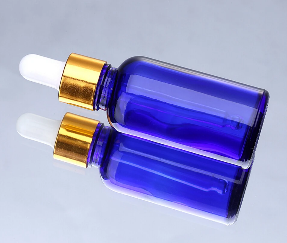 30ml ขวดน้ํามันหอมระเหยแก้วสีฟ้าโคบอลต์เปล่าพร้อมหยด 1oz ภาชนะแก้วสีฟ้าเปล่า 200 PCS
