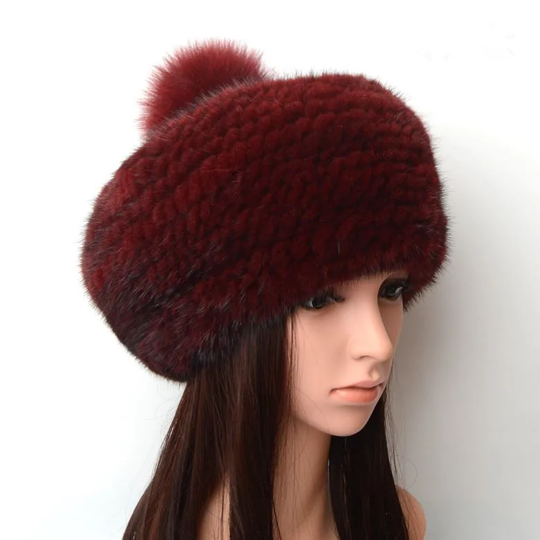 natural mink fur hats for winter women knitted warm fur big caps solid 5 colors fur pom pom autumn thicken fur hat  H182