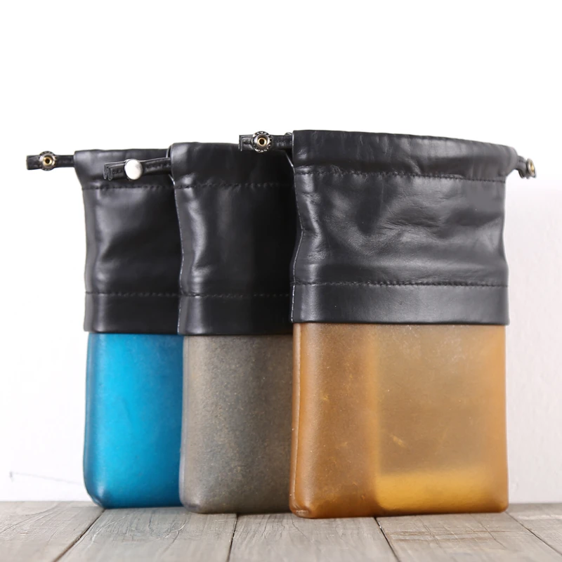 Drawstring Storage Bag Genuine Cowhide Leather Handmade Clutch Bag Men Casual Coin Purses Women Cell Phone Wallets