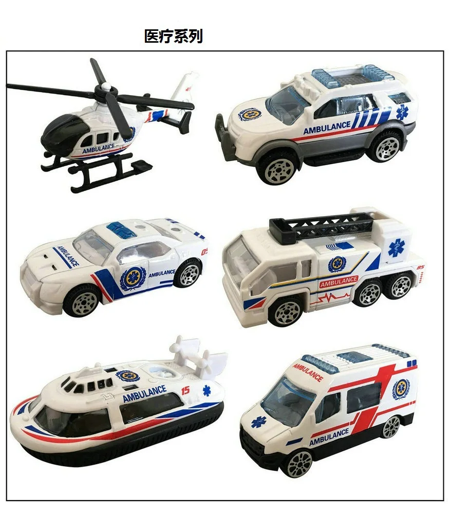 6pcs/set New boys toys gift 1:64 Mini scale models Engineering vehicles Military police plane and car miniatures Fire truck