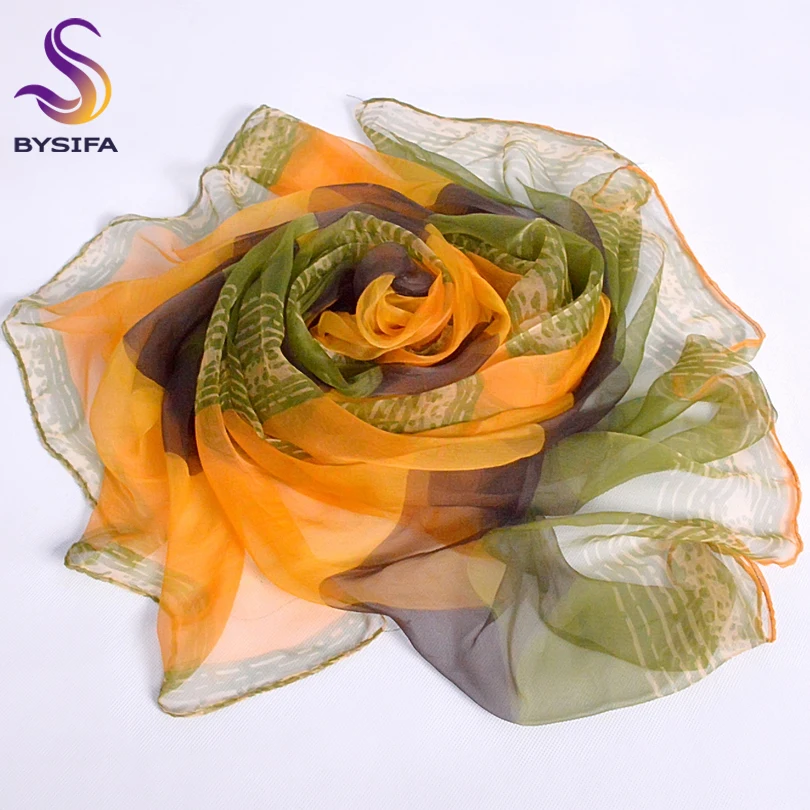 [BYSIFA] Yellow Green Silk Scarf Printed Fashion Accessories Women Thin Long Scarves Wraps Summer Lades Pure Silk Shawl Scarf