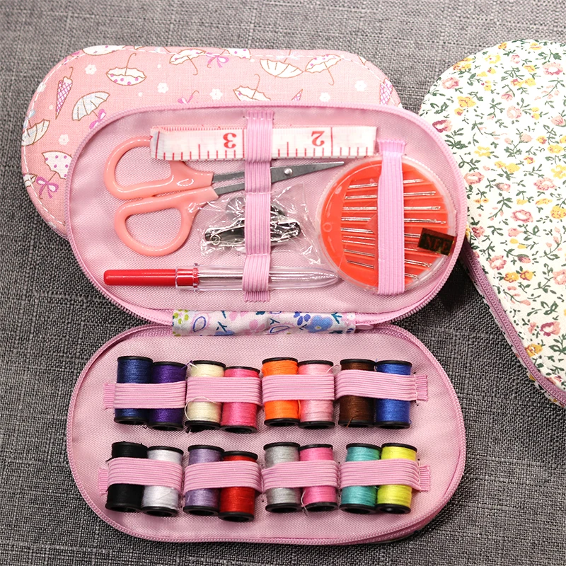 Portable mini travel sewing kits box with color needle threads pin scissor sewing set with case box home tools DIY handwork tool