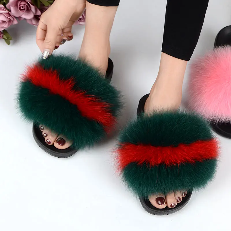 Real Fox Fur Slides Plus Size Summer 2021 Open Toe Fluffy Real Hair Slippers Casual Black Slip On Flip Flops Furry Shoes