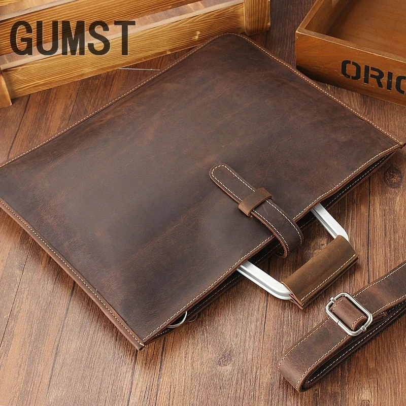 Gumst Gek Paard Lederen Aktetas Voor Man Koffiekleur Vintage Mannen Echt Lederen Messenger Bag Business Tassen Man