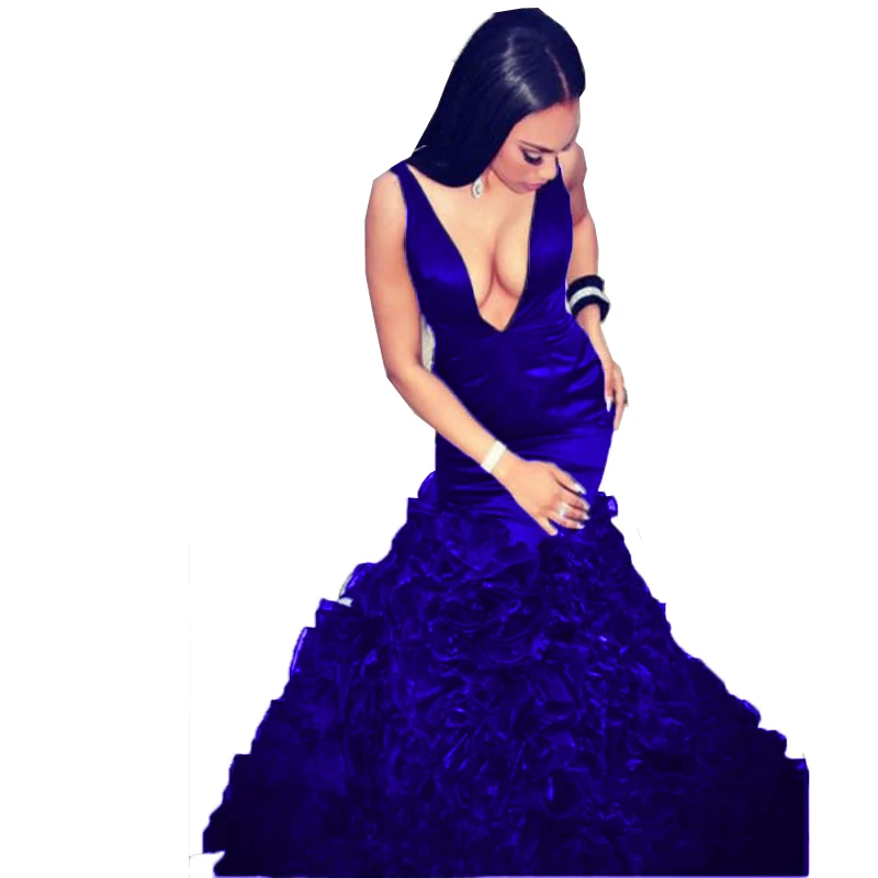 Navy Blue Long Mermaid Prom Dresses 2017 For Black Girls V Neck Organza Ruffles Zipper-Up Court Train Sexy Pretty Prom Gowns