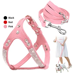 Soft Suede Leather Dog Harness and Leash Set Rhinestone Puppy Vest With Crystal Bone Pendant For Small Medium Pets Chihuahua