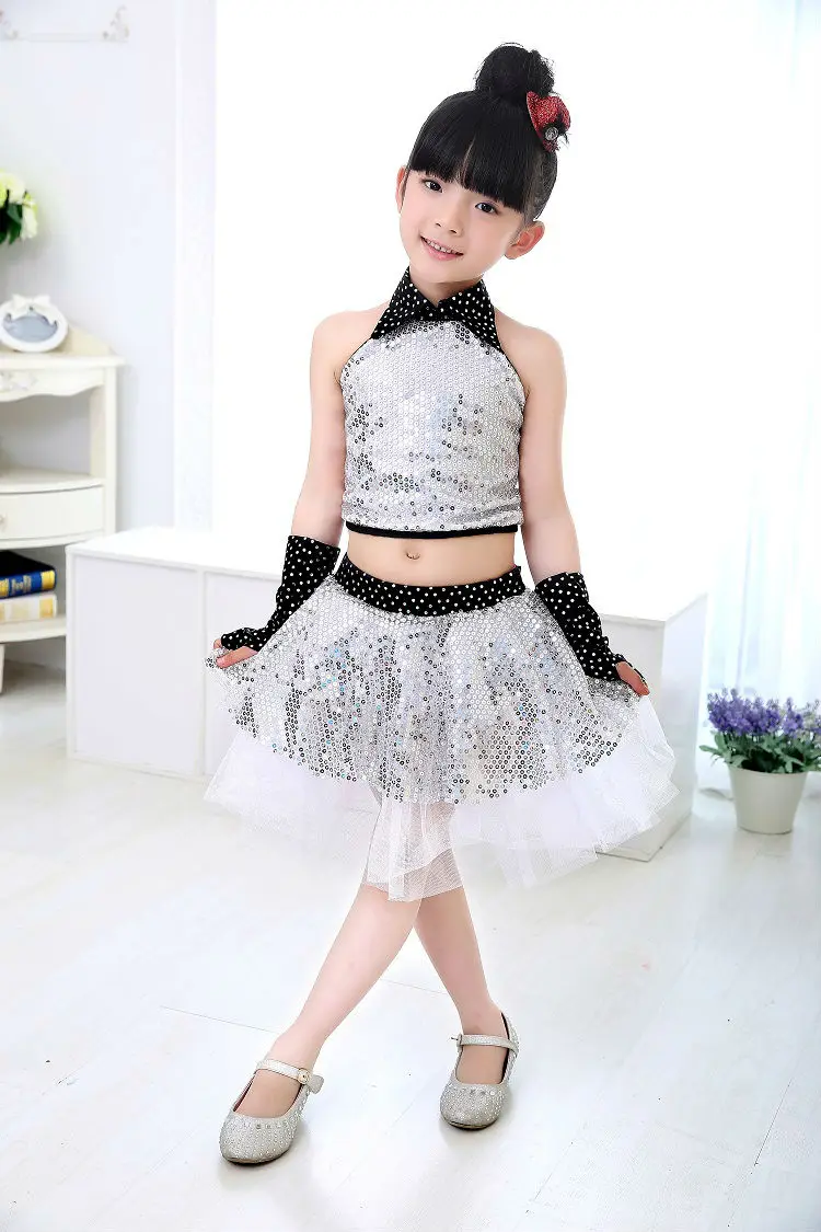 Girl Jazz Dance Children Sequin Modern Dance Hip Hop Costumes Girl Stage Jazz Dance Costumes Suit for Girls Top and Skirt