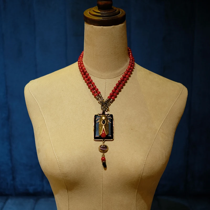 Amorita boutique vintage design  cicada Keratoisis Natural Red Sea Bamboo Beads Agate necklace