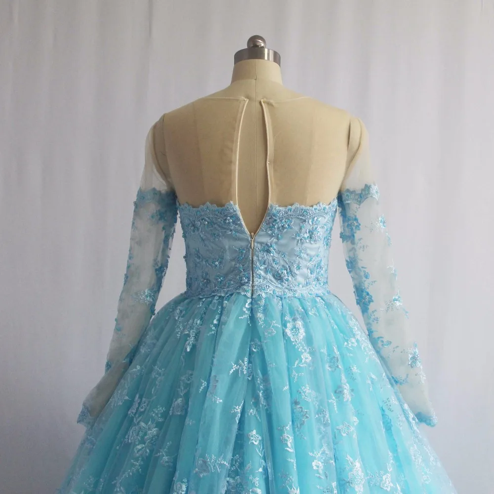 Mode Vestidos De Formatuur Lichtblauwe Juweel Appliqueds Kralen Parels Gezwollen Lange Mouw Kant Prom Dress