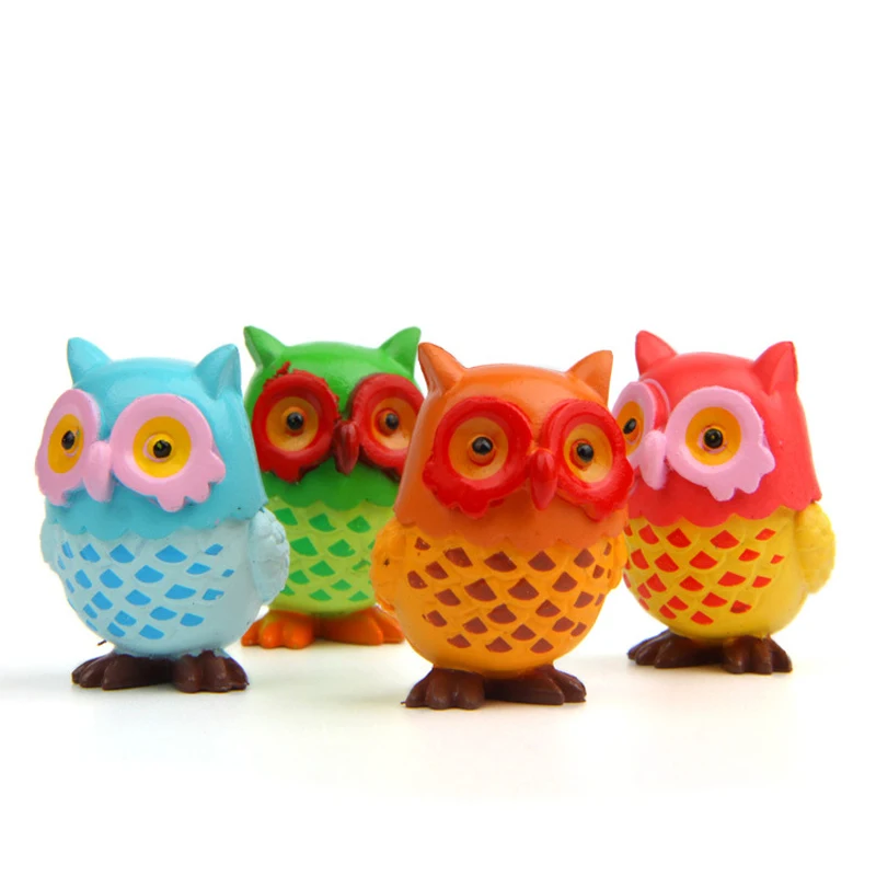 Figurines de hibou de couleur Kawaii, jouets en résine, modèle d'action, décoration de poupée créative, DIY, 4 pièces/lot