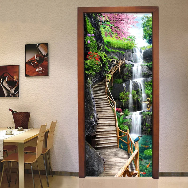 PVC Waterproof Self-Adhesive Door Sticker Nature Landscape 3D Photo Wallpaper For Dining Room Living Room Bedroom Mural Stickers