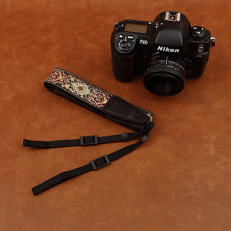 Cam8411 embroidered camera strap, soft cotton digital camera neck strap leather lanyard adjustable length