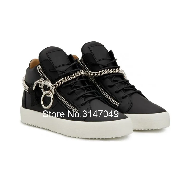 Lace Up Mens Sneakers Casual Leather Shose Men Side Zipper Chain Flats Height Increasing Men Shoes Spring Autumn White Shoes Men