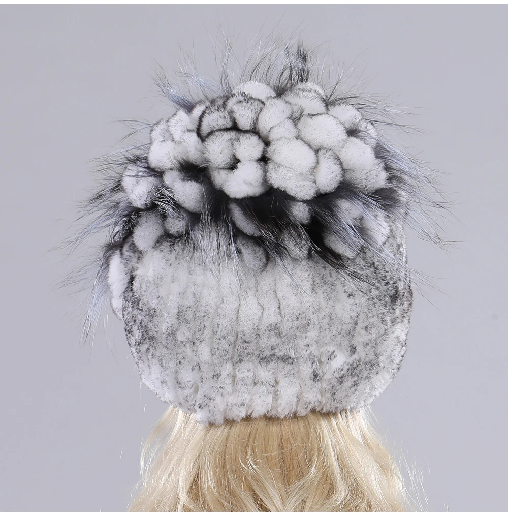 Neue Russische Damen Echt Rex-Kaninchenfell Mützen Luxuriöse Gestrickte Blumen Echte Rex-Kaninchenfell Kappe Winter Echt-Fell Beanie Mütze – Detail 8