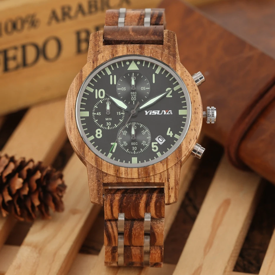 

Wood Watch Men's Watches Top Brand YISUYA Luxury Chronograph Date Calendar Clock Male Full Wooden Band Quartz Watches Timepieces