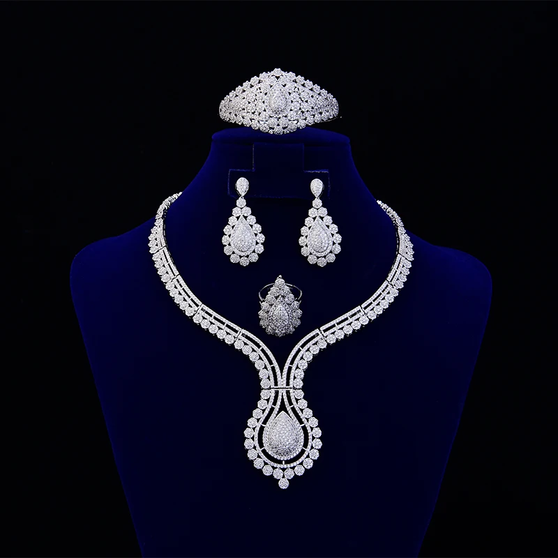 Hadiyana Elegant CZ Bride Wedding Jewelry Sets for Women Luxury Cubic Ziconia 4pcs Set Vintage Bridesmaid Accessories TZ8021