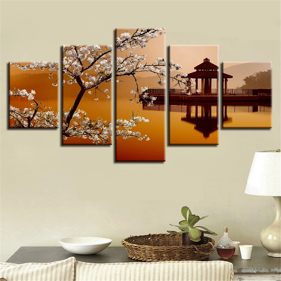 

Poster Decor Framework Wall Art Modular Canvas Pictures 5 Pieces Pear Flower And Small Pavilion Retro Scenery Painting HD Prints